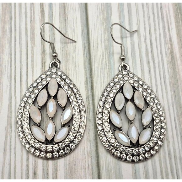 Drop Dangle Silver Tone Teardrop Crystal Statement Earrings 2" Hook - Picture 3 of 5
